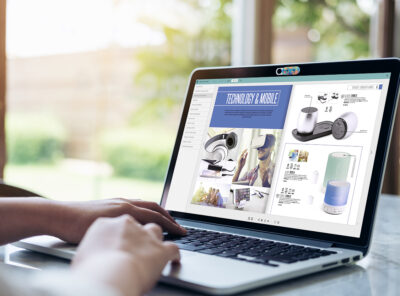 Mockup image of hand using laptop with blank white screen on vin